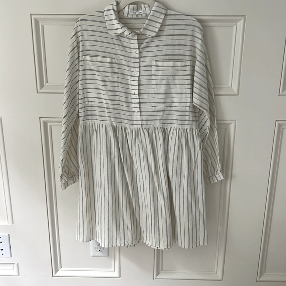 Emerson Fry SELMA LONG SLEEVE DRESS - IVORY HEMP STRIPE ORGANIC. Medium - Picture 4 of 7